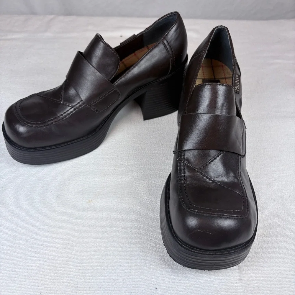 Vtg 90s Y2K Mudd Dark Brown Chunky Platform Block Heel Loafers Shoe Women 8.5 M